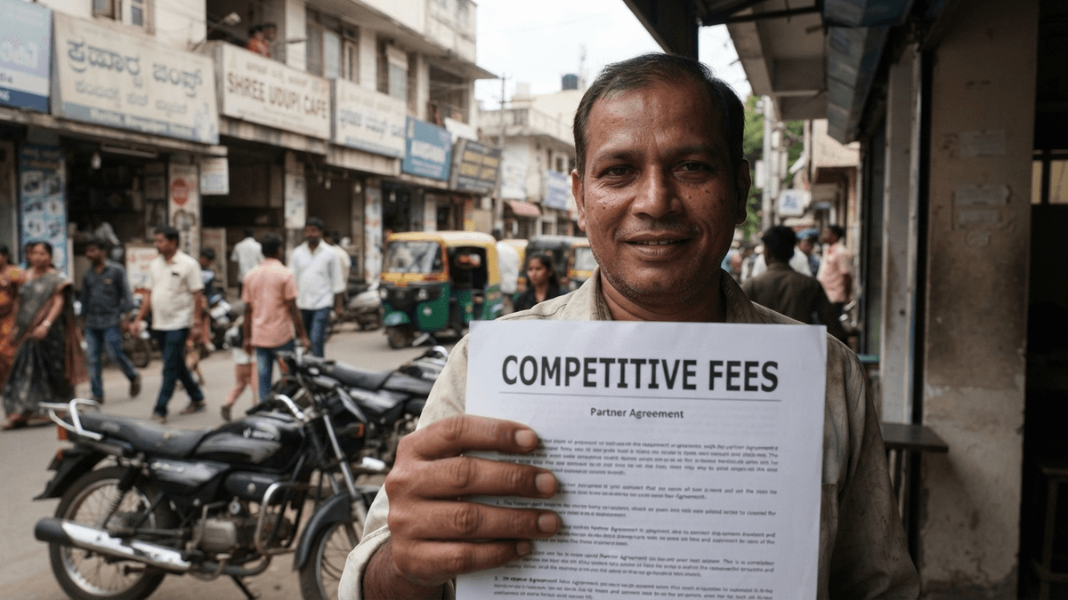 A restaurant owner holds a document with a 'COMPETITIVE FEES' headline, a bustling Bengaluru street in the background.