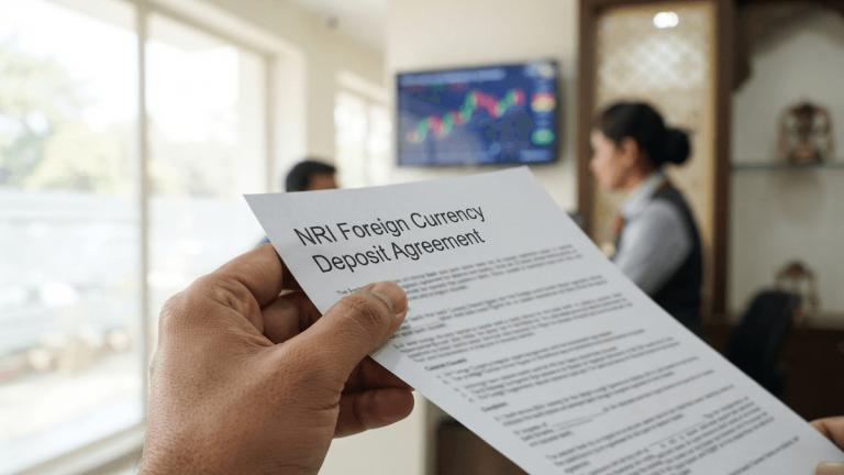 A close-up shot of a hand holding a document titled 'NRI Foreign Currency Deposit Agreement' in a bank.