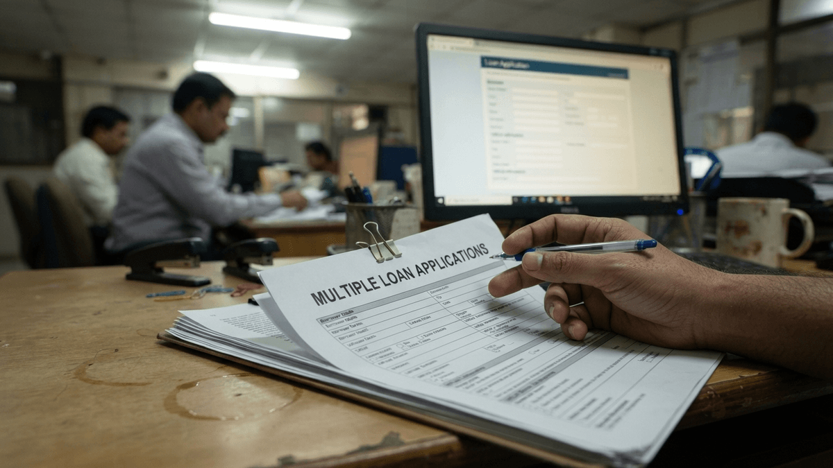 A close-up medium shot of a desk in an Indian office, showing a stack of loan application documents and a hand with a pen.