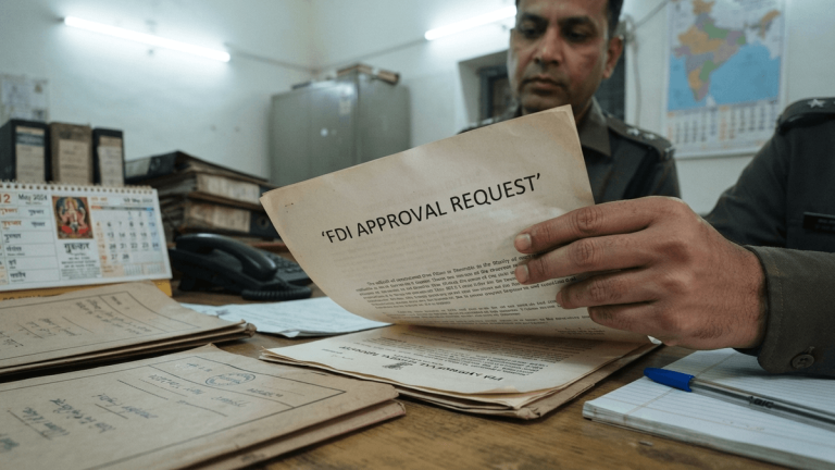 A medium shot of a document with 'FDI APPROVAL REQUEST' clearly visible, held by hands over a wooden desk with files.