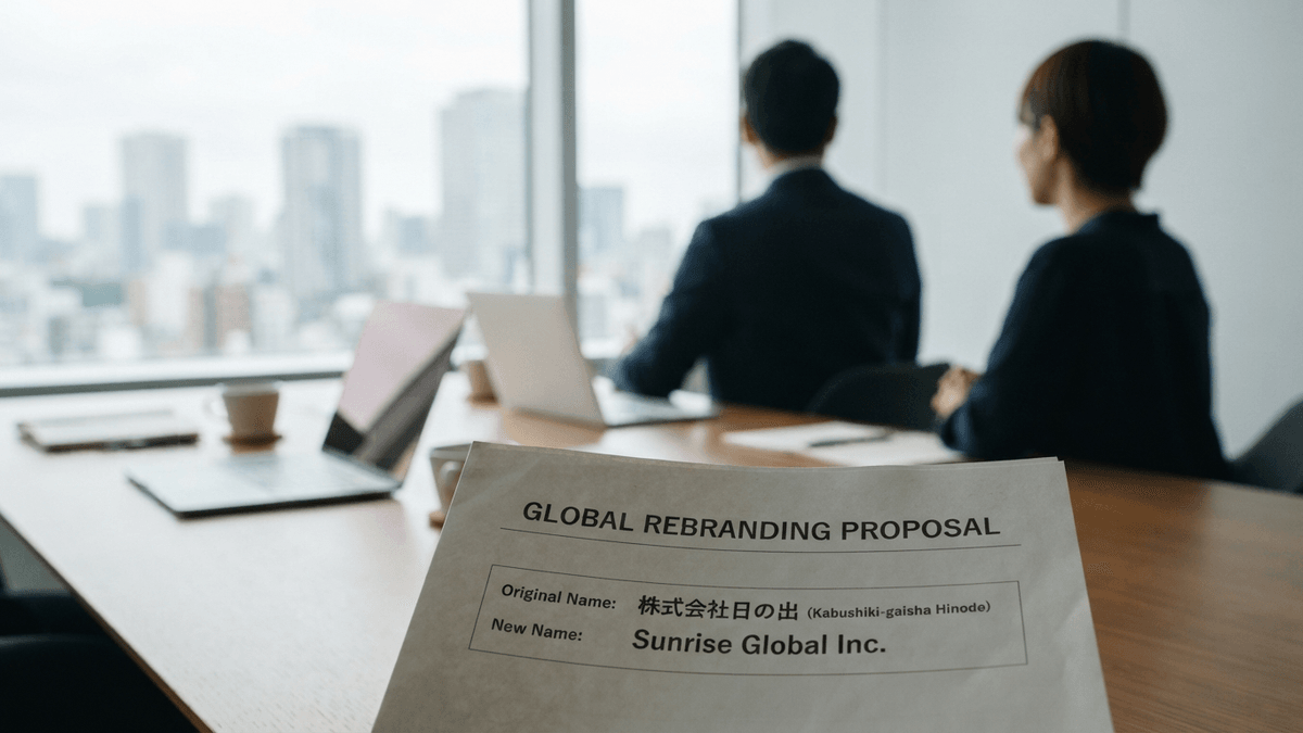 A close-up of a document titled 'GLOBAL REBRANDING PROPOSAL' on a desk, displaying an original Japanese name and a new English name.