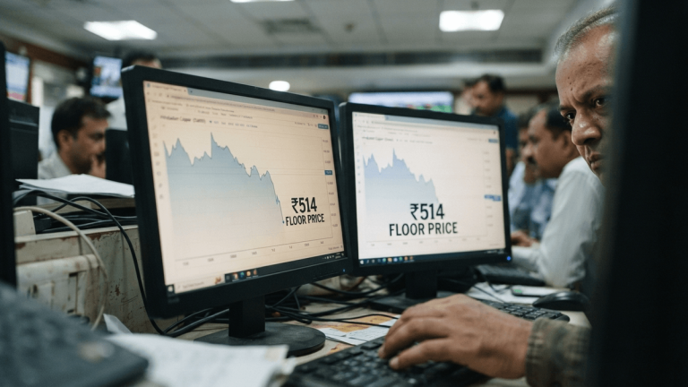 A close-up of a generic computer screen displaying a stock chart with a sharp downward trend, and a label reading "₹514 FLOOR PRICE".
