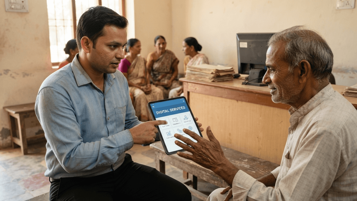 A bank official in a modest rural Indian bank branch shows a digital banking interface on a tablet to an elderly customer.