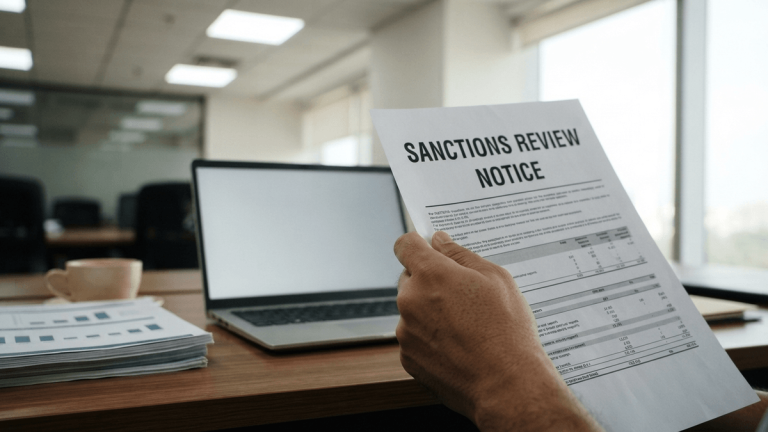 A person's hand holds an official document titled "SANCTIONS REVIEW NOTICE" on a desk in a modern office.