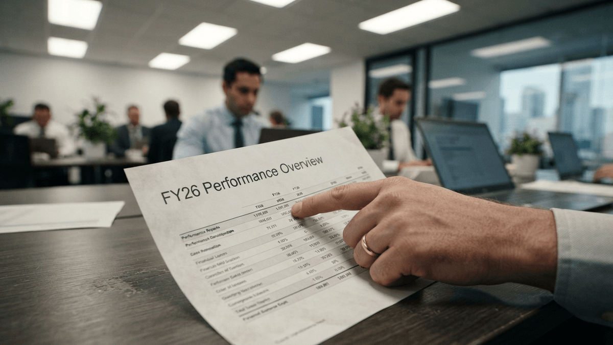 A close-up of a person's hand pointing to a financial report titled 'FY26 Performance Overview' on a desk in a modern office.