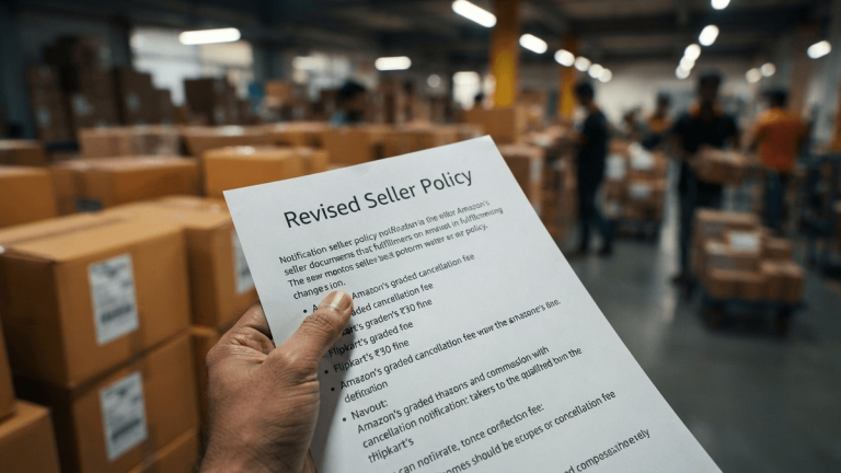 Close-up of a person's hand holding a document titled 'Revised Seller Policy' in a warehouse, with blurred boxes and workers.