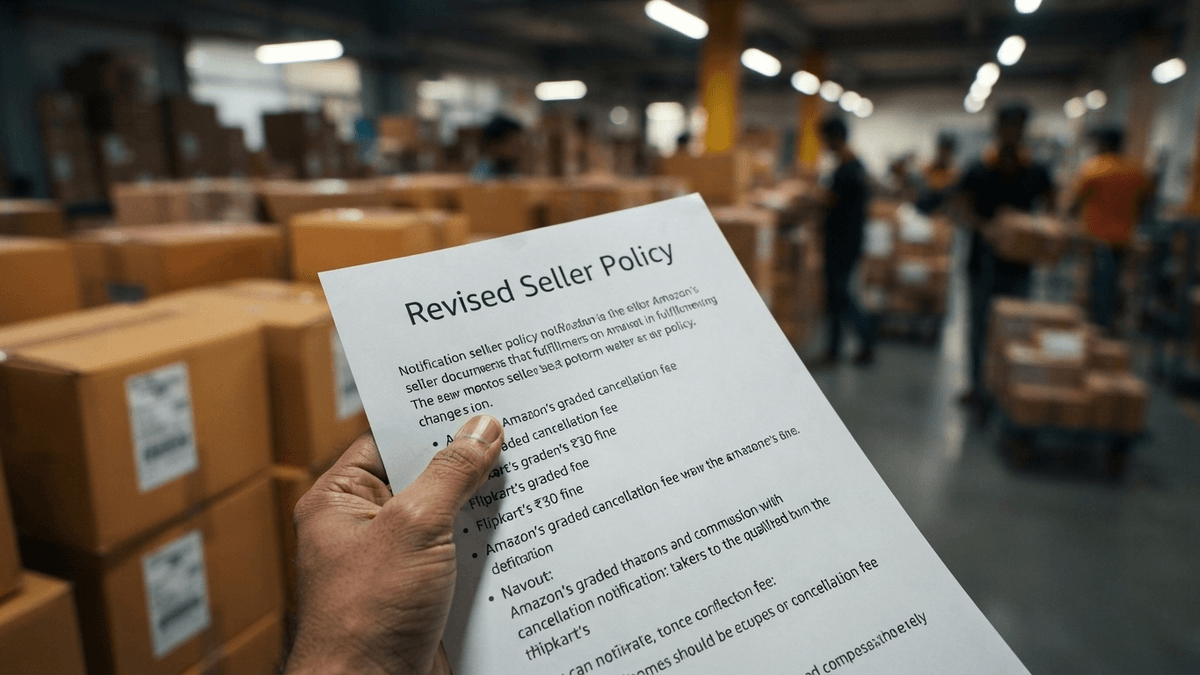 Close-up of a person's hand holding a document titled 'Revised Seller Policy' in a warehouse, with blurred boxes and workers.