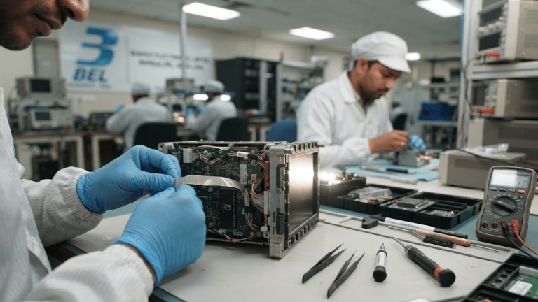 A technician's gloved hands work on intricate electronic components of an avionics display unit on an industrial workbench.