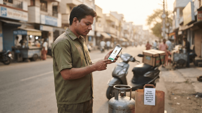 A delivery person on a scooter holding a smartphone near an LPG cylinder and grocery bag on a bustling Indian street.