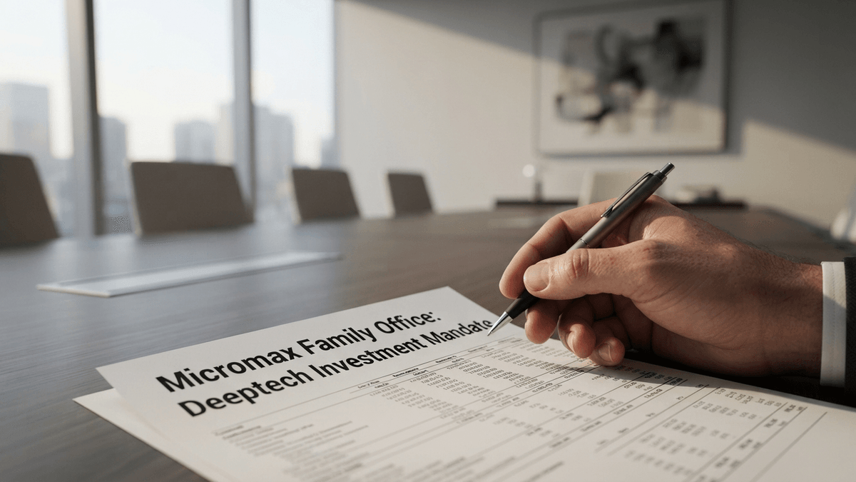 A person's hand with a pen rests on a document titled 'Micromax Family Office: Deeptech Investment Mandate' on a conference table.