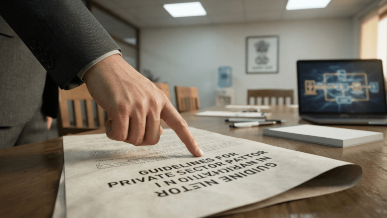 A close-up shot of a document titled 'GUIDELINES FOR PRIVATE SECTOR PARTICIPATION IN NUCLEAR ENERGY' on a conference table, with a hand pointing to it.