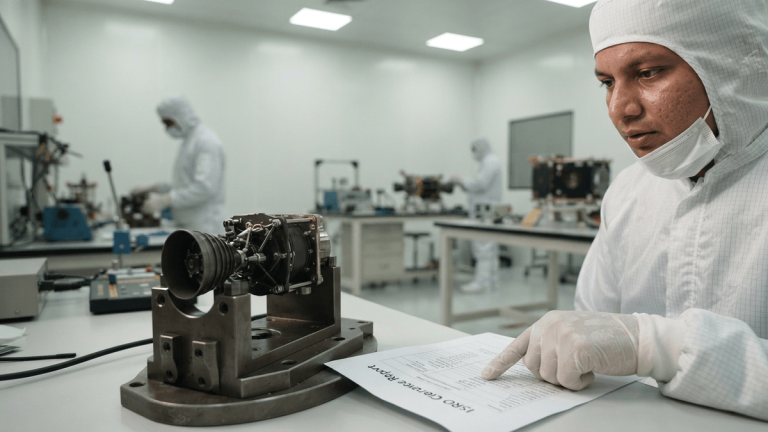 A gloved hand points to an 'ISRO Clearance Report' next to a metallic propulsion system on a stand in a cleanroom.