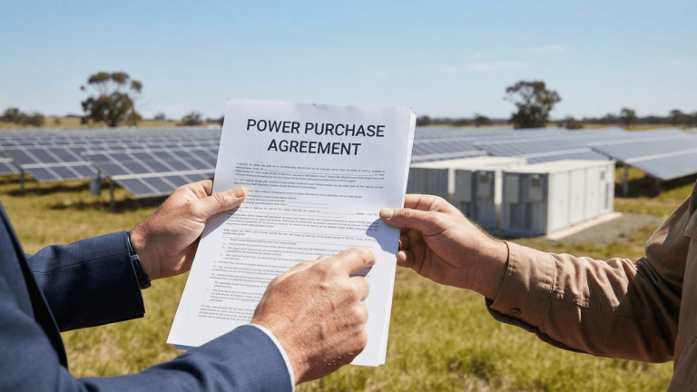 Two people's hands hold an official document titled "POWER PURCHASE AGREEMENT" with solar panels and battery storage in the background.