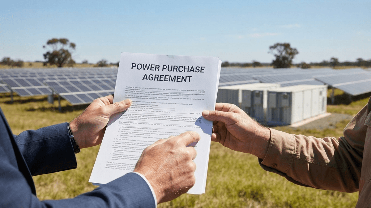 Two people's hands hold an official document titled "POWER PURCHASE AGREEMENT" with solar panels and battery storage in the background.
