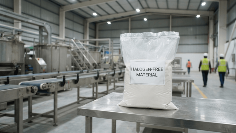 A clear plastic bag of white powder labeled 'HALOGEN-FREE MATERIAL' on a stainless steel table in a factory.