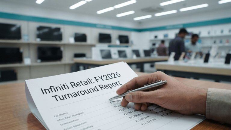 A hand holds a pen over a financial report titled 'Infiniti Retail: FY2026 Turnaround Report' on a desk in a retail store.