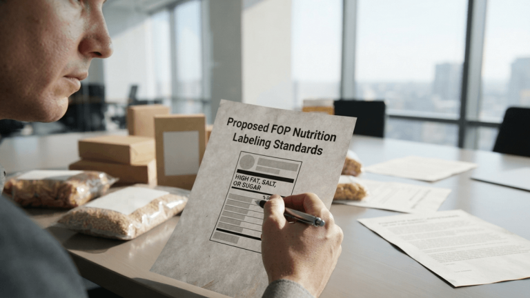 A hand holds a pen over a draft document titled "Proposed FOP Nutrition Labeling Standards" on a conference table.