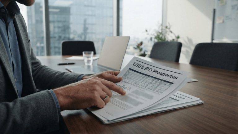 A close-up medium shot of a person's hand pointing to a document titled 'ESDS IPO Prospectus' on a wooden table.