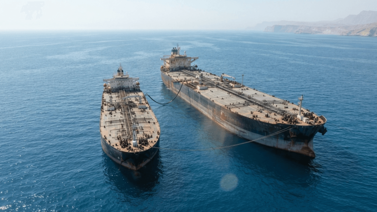 An aerial wide-angle shot shows two large oil tankers connected by a hose for ship-to-ship transfer on calm blue ocean waters.