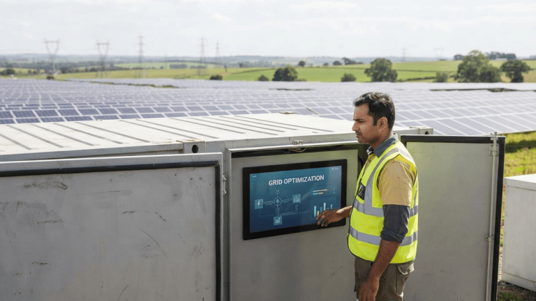 A medium shot of an engineer in a safety vest looking at a screen on a large battery storage unit at a solar farm.