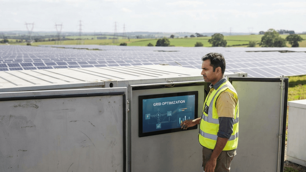 A medium shot of an engineer in a safety vest looking at a screen on a large battery storage unit at a solar farm.