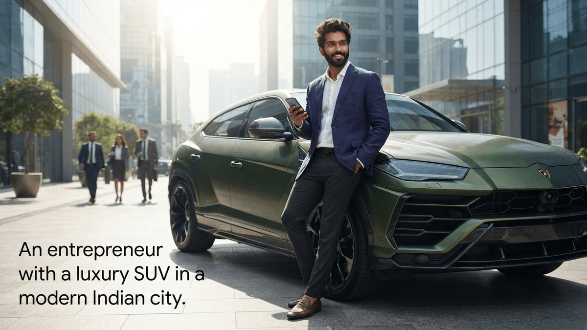 A young Indian entrepreneur in business casual attire leans against a custom-colored luxury SUV on a sunny urban street.
