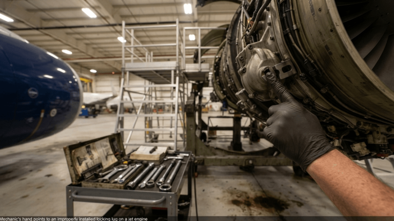 A mechanic's gloved hand points to a locking lug on a large aircraft jet engine, indicating an improper installation.