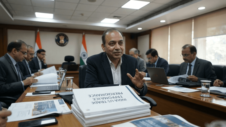 An Indian Commerce Ministry official, Darpan Jain, gestures at a conference table with "INDIA-US TRADE PERFORMANCE" reports.