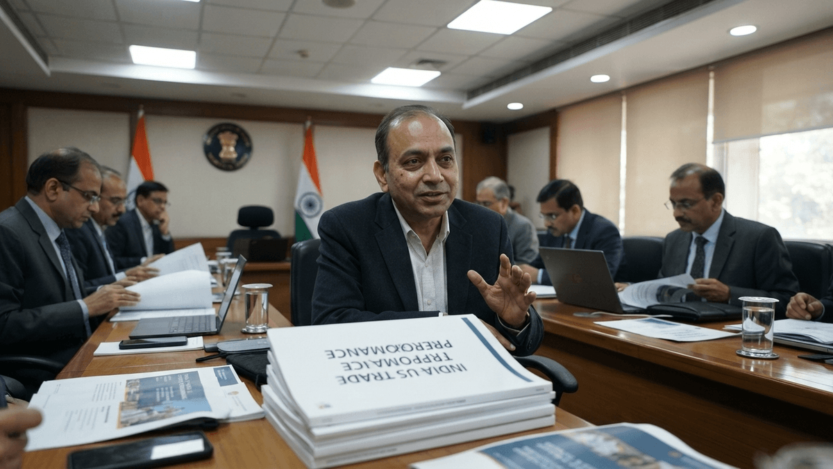 An Indian Commerce Ministry official, Darpan Jain, gestures at a conference table with "INDIA-US TRADE PERFORMANCE" reports.