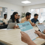 A young person holds an open brochure with the headline 'YOUR CREDIT SCORE MATTERS' in a brightly lit room.