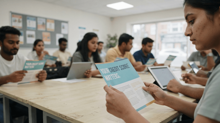 A young person holds an open brochure with the headline 'YOUR CREDIT SCORE MATTERS' in a brightly lit room.