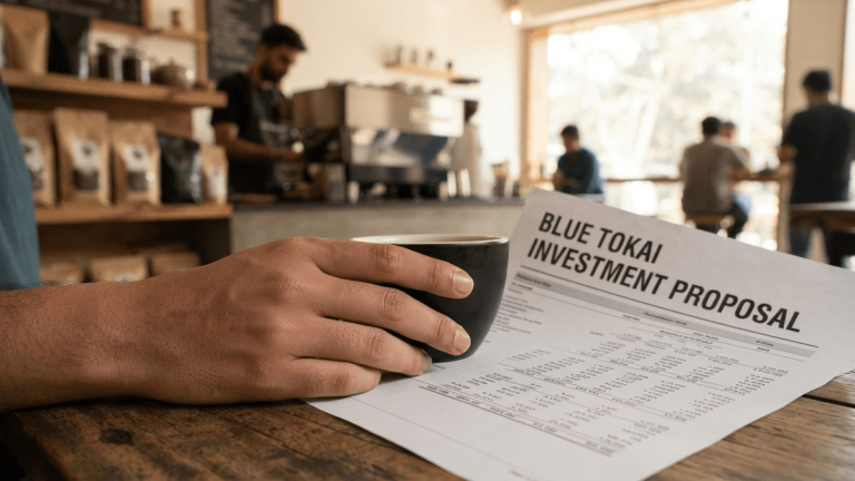 A close-up shot of a hand holding a dark ceramic coffee cup, resting on a wooden table next to a document. The document's headline reads "BLUE TOKAI INVESTMENT PROPOSAL". A blurred coffee shop interior is in the background.