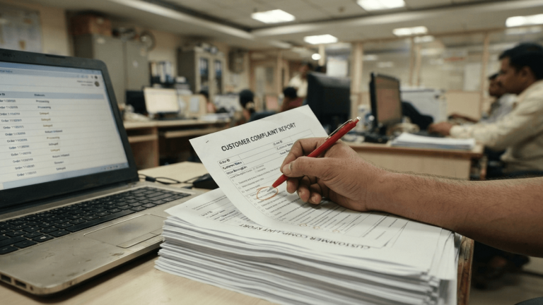 A close-up shows a hand with a red pen circling text on a 'CUSTOMER COMPLAINT REPORT' form, part of a stack on a busy desk.
