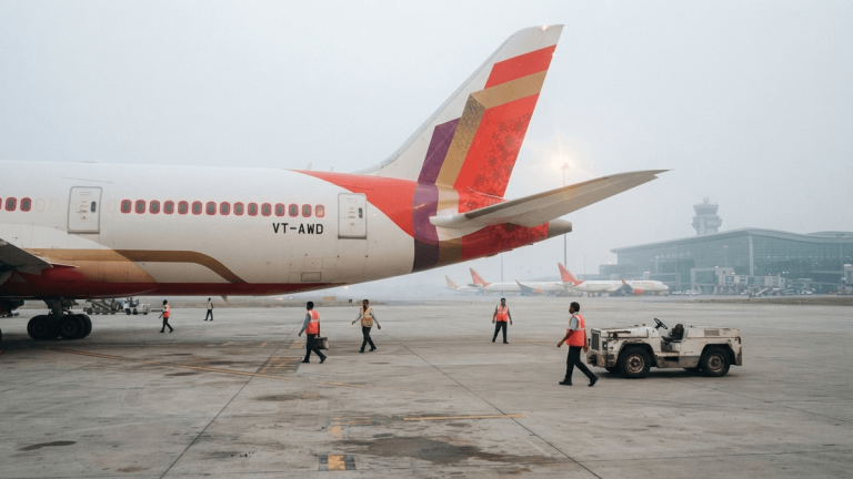 A medium shot of Air India's Boeing 787-9 Dreamliner aircraft, registration VT-AWD, on an airport tarmac with ground crew.