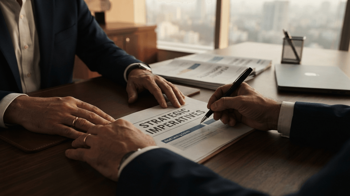 Close-up of an executive's hands on a desk, one holding a pen over a document titled 'STRATEGIC IMPERATIVES'.
