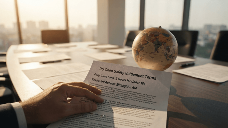 A printed document titled 'US Child Safety Settlement Terms' on a table, next to a small globe highlighting India.