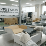 A worker in a cleanroom suit carefully places a sleek, unbranded electronic device into a plain white box on a factory floor.