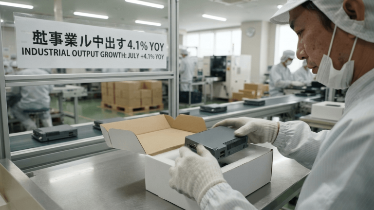A worker in a cleanroom suit carefully places a sleek, unbranded electronic device into a plain white box on a factory floor.