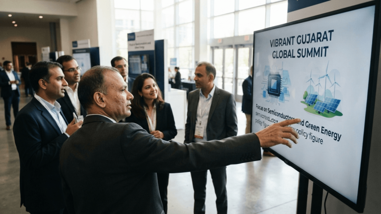 A digital screen at a conference displays 'VIBRANT GUJARAT GLOBAL SUMMIT' with graphics of chips and wind turbines, attended by delegates.