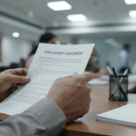 Close-up of an individual's hands, appearing over 40, holding a document titled "TERM DEPOSIT AGREEMENT" at a bank desk.