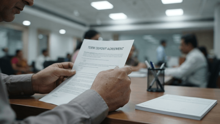Close-up of an individual's hands, appearing over 40, holding a document titled "TERM DEPOSIT AGREEMENT" at a bank desk.