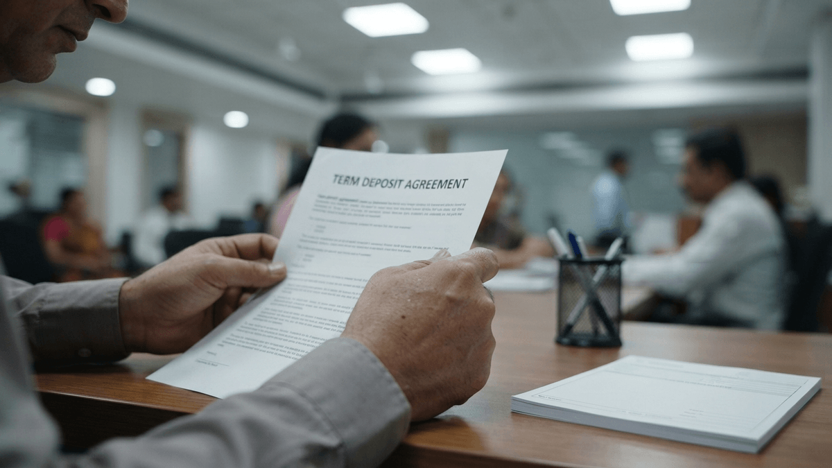 Close-up of an individual's hands, appearing over 40, holding a document titled "TERM DEPOSIT AGREEMENT" at a bank desk.