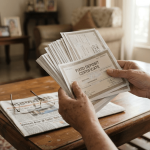 A close-up medium shot of an elderly Indian person's hands holding and reviewing multiple fixed deposit certificates.
