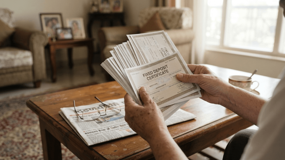 A close-up medium shot of an elderly Indian person's hands holding and reviewing multiple fixed deposit certificates.