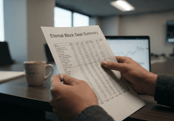 Close-up of hands holding a financial report titled "Eternal Block Deal Summary," with most numbers obscured.