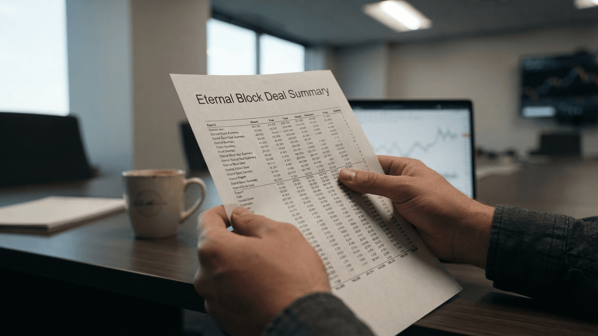 Close-up of hands holding a financial report titled "Eternal Block Deal Summary," with most numbers obscured.