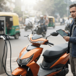 A sleek electric scooter, possibly a Konarc model, parked at a public charging station on an urban street, with a person nearby.