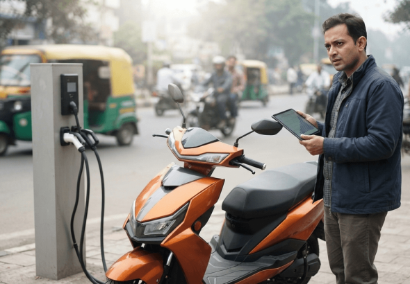 A sleek electric scooter, possibly a Konarc model, parked at a public charging station on an urban street, with a person nearby.