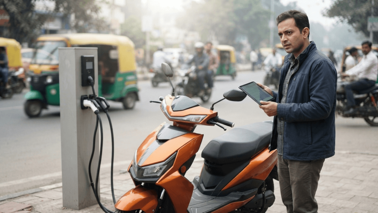 A sleek electric scooter, possibly a Konarc model, parked at a public charging station on an urban street, with a person nearby.