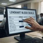 A medium shot of a computer monitor on a trading desk, showing a financial report titled 'LENSKART BLOCK DEALS' with a hand partially covering data.
